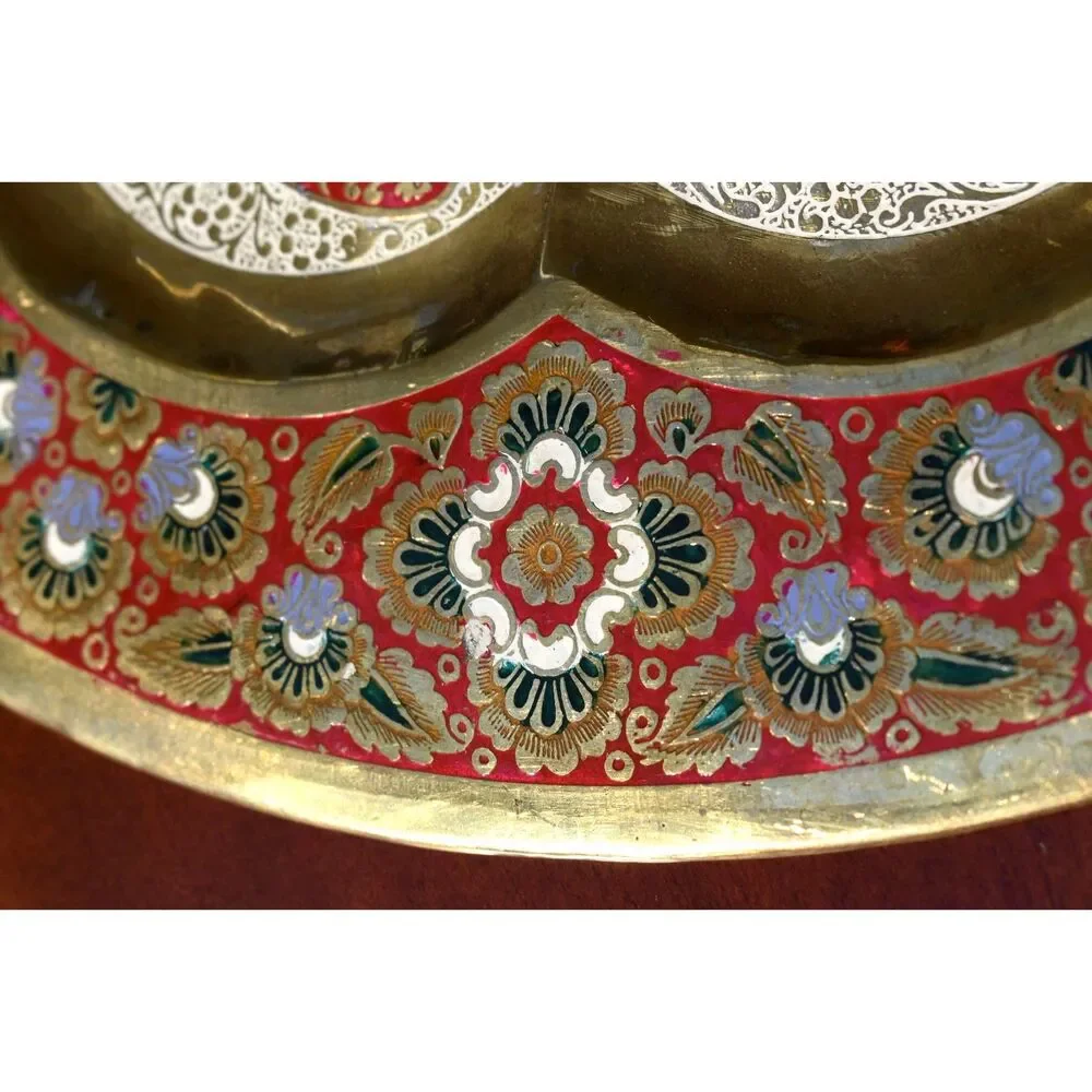 Vintage India Brass Art Plate - Royalty on Elephant & Peacock Scene - 14.25